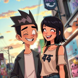 A captivating scene featuring Mikey, the charismatic character with a signature hairstyle and confident demeanor, standing beside a girl with shoulder-length hair styled in a trendy way