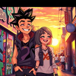 A captivating scene featuring Mikey, the charismatic character with a signature hairstyle and confident demeanor, standing beside a girl with shoulder-length hair styled in a trendy way