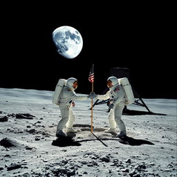 A breathtaking representation of the Apollo 11 moon landing, featuring astronauts Neil Armstrong and Buzz Aldrin on the lunar surface
