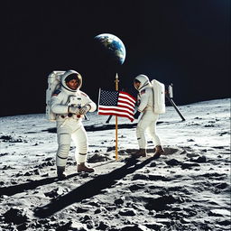 A breathtaking representation of the Apollo 11 moon landing, featuring astronauts Neil Armstrong and Buzz Aldrin on the lunar surface