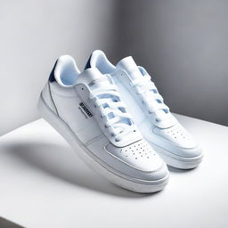 A professionally taken real-life photograph of a pair of sneakers resting on a white table