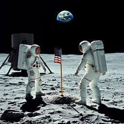 A breathtaking representation of the Apollo 11 moon landing, featuring astronauts Neil Armstrong and Buzz Aldrin on the lunar surface