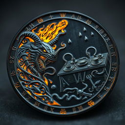 A highly detailed coin made of black metal with shimmering golden veins, glowing softly in the dim light