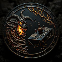 A highly detailed coin made of black metal with shimmering golden veins, glowing softly in the dim light