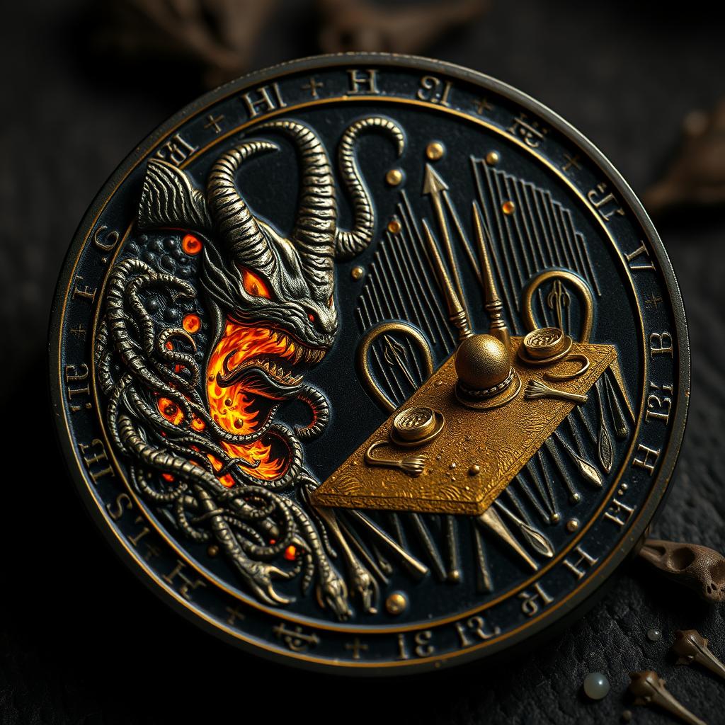A highly detailed coin made of black metal with shimmering golden veins, glowing softly in the dim light