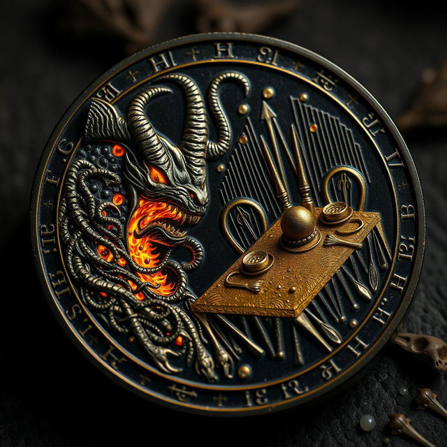 A highly detailed coin made of black metal with shimmering golden veins, glowing softly in the dim light