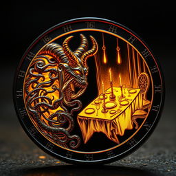 A highly detailed coin made of black metal with shimmering golden veins, glowing softly in the dim light