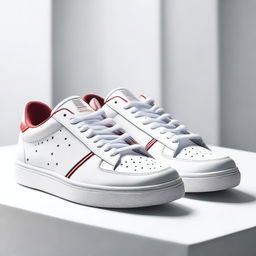 A professionally taken real-life photograph of a pair of sneakers resting on a white table