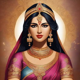 An image in the style of traditional Indian art, capturing Rukmini from Mahabharata in a glamorous costume