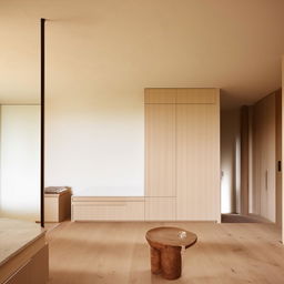 A minimalist interior design featuring a wooden floor and wood furniture.