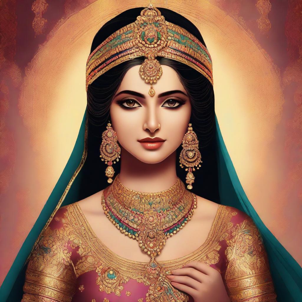 An image in the style of traditional Indian art, capturing Rukmini from Mahabharata in a glamorous costume