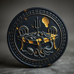 A meticulously designed coin made of black metal with prominent golden veins, gleaming subtly
