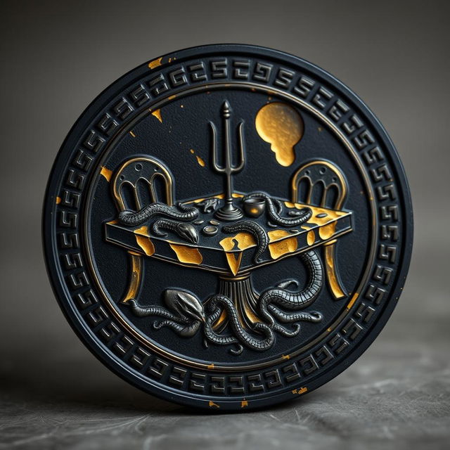 A meticulously designed coin made of black metal with prominent golden veins, gleaming subtly