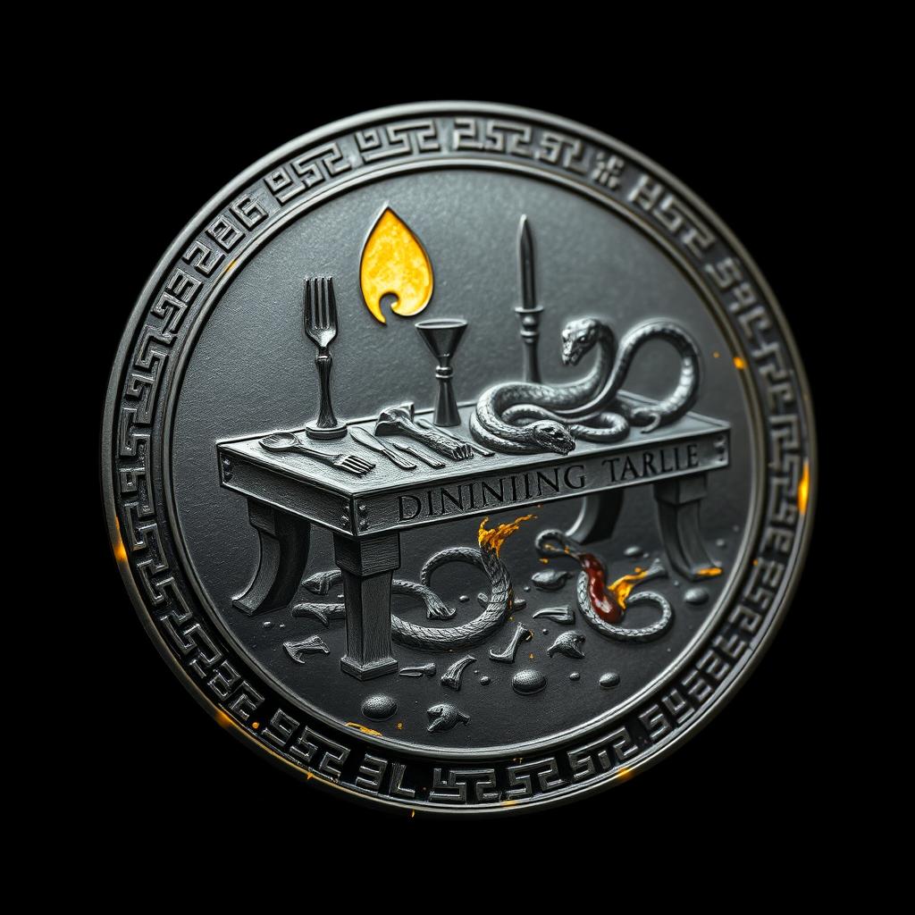A meticulously designed coin made of black metal with prominent golden veins, gleaming subtly