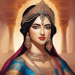 An image in the style of traditional Indian art, capturing Rukmini from Mahabharata in a glamorous costume