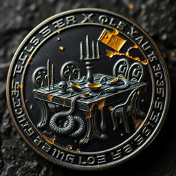 A meticulously designed coin made of black metal with prominent golden veins, gleaming subtly