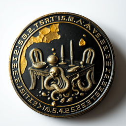 A meticulously designed coin made of black metal with prominent golden veins, gleaming subtly