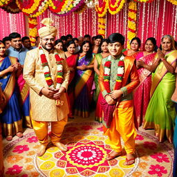 A vibrant Indian wedding scene featuring two brothers dressed in traditional outfits