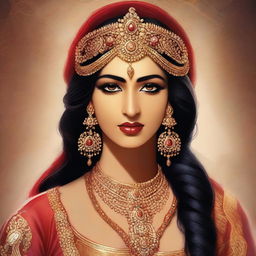 An image in the style of traditional Indian art, capturing Rukmini from Mahabharata in a glamorous costume