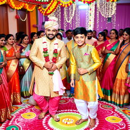 A vibrant Indian wedding scene featuring two brothers dressed in traditional outfits