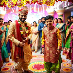 A vibrant Indian wedding scene featuring two brothers dressed in traditional outfits