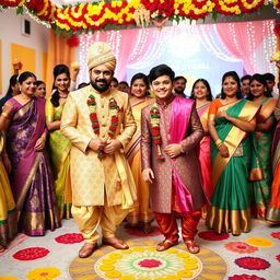 A vibrant Indian wedding scene featuring two brothers dressed in traditional outfits