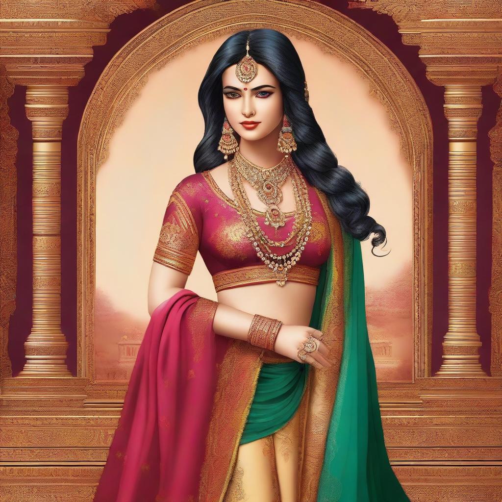 A full-body image, rendered in the style of traditional Indian art, portraying Rukmini from the Mahabharata in a glamorous costume