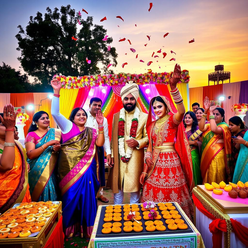 A vibrant Indian wedding celebration scene showcasing a stunning outdoor venue adorned with colorful decorations and floral arrangements