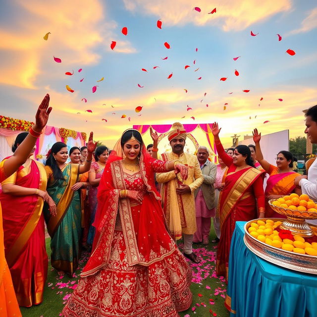 A vibrant Indian wedding celebration scene showcasing a stunning outdoor venue adorned with colorful decorations and floral arrangements