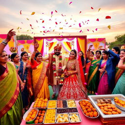 A vibrant Indian wedding celebration scene showcasing a stunning outdoor venue adorned with colorful decorations and floral arrangements