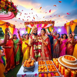 A vibrant Indian wedding celebration scene showcasing a stunning outdoor venue adorned with colorful decorations and floral arrangements