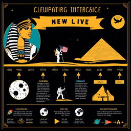 An intriguing historical infographic showcasing the timeline of significant events in history, with a focus on Cleopatra, the 1969 Moon landing, and the construction of the Great Pyramid of Giza