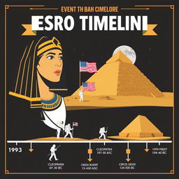 An intriguing historical infographic showcasing the timeline of significant events in history, with a focus on Cleopatra, the 1969 Moon landing, and the construction of the Great Pyramid of Giza