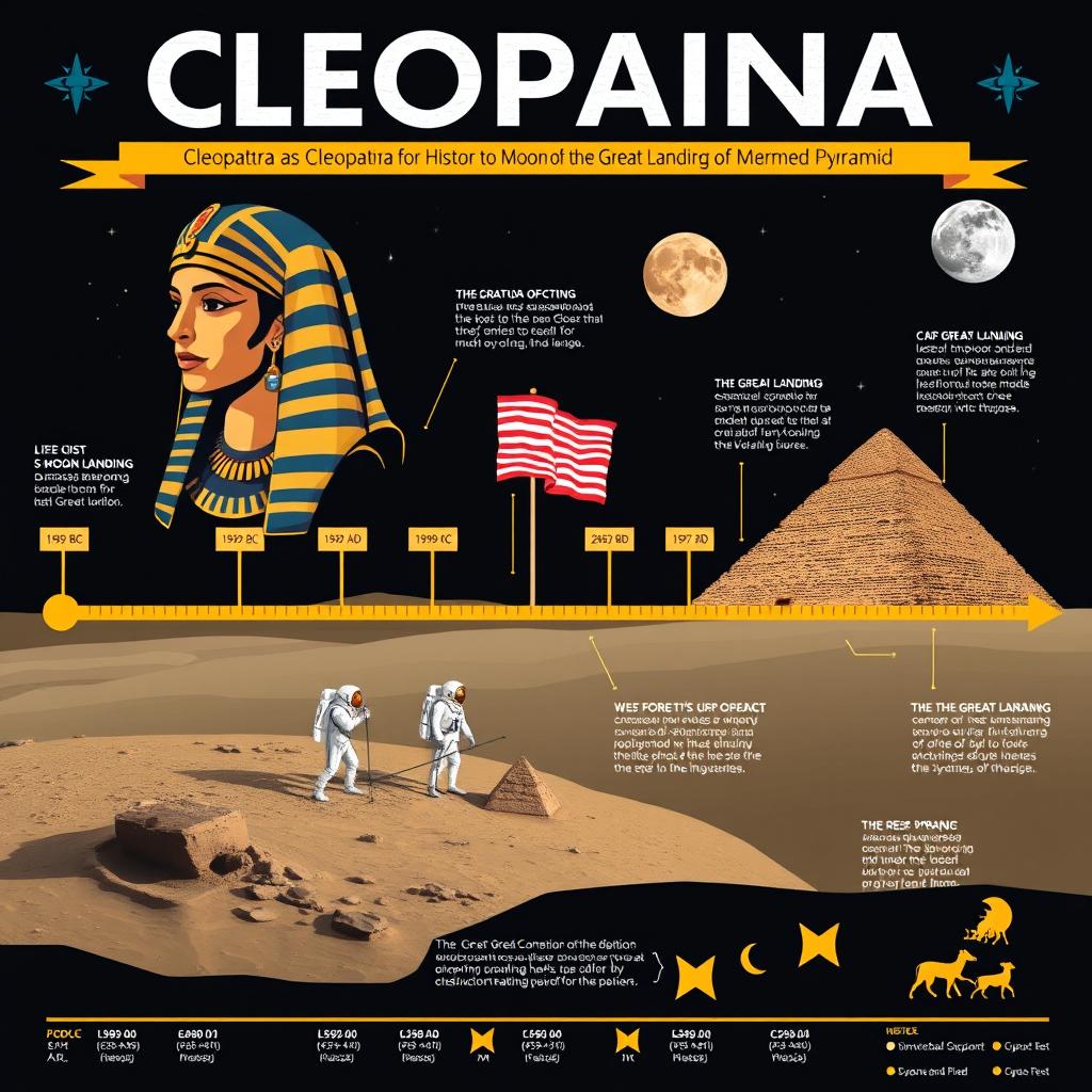 An intriguing historical infographic showcasing the timeline of significant events in history, with a focus on Cleopatra, the 1969 Moon landing, and the construction of the Great Pyramid of Giza