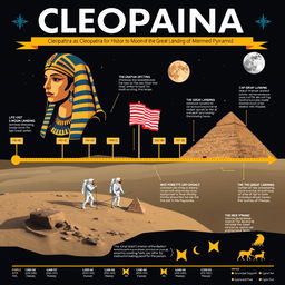 An intriguing historical infographic showcasing the timeline of significant events in history, with a focus on Cleopatra, the 1969 Moon landing, and the construction of the Great Pyramid of Giza