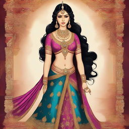 A full-body image, rendered in the style of traditional Indian art, portraying Rukmini from the Mahabharata in a glamorous costume