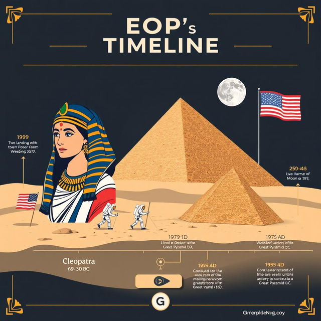 An intriguing historical infographic showcasing the timeline of significant events in history, with a focus on Cleopatra, the 1969 Moon landing, and the construction of the Great Pyramid of Giza