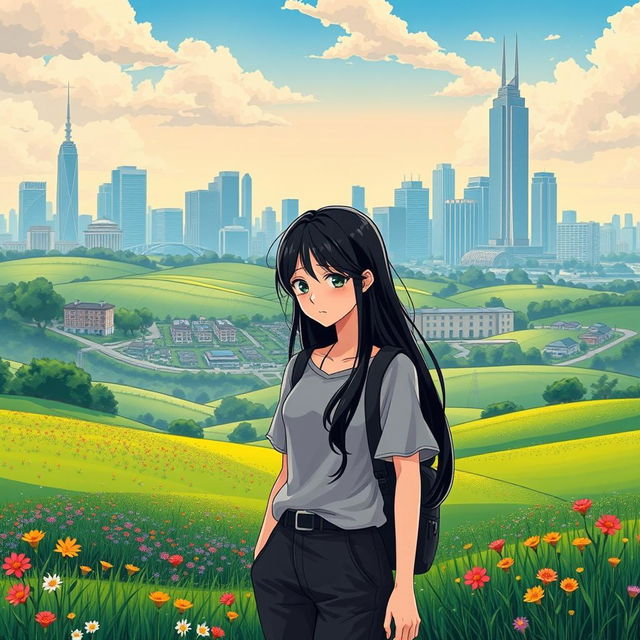 A captivating countryside landscape in the foreground, featuring lush green fields dotted with colorful wildflowers and a serene atmosphere, contrasted by a bustling urban city skyline in the background with modern skyscrapers and dynamic architecture