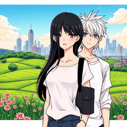 A captivating countryside landscape in the foreground, featuring lush green fields dotted with colorful wildflowers and a serene atmosphere, contrasted by a bustling urban city skyline in the background with modern skyscrapers and dynamic architecture