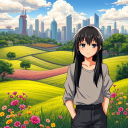 A captivating countryside landscape in the foreground, featuring lush green fields dotted with colorful wildflowers and a serene atmosphere, contrasted by a bustling urban city skyline in the background with modern skyscrapers and dynamic architecture
