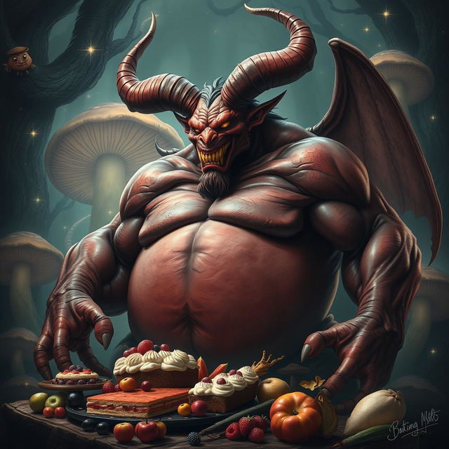 A powerful and majestic demon representing gluttony, depicted with over-exaggerated features that embody excess