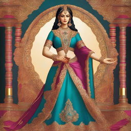 A full-body image, rendered in the style of traditional Indian art, portraying Rukmini from the Mahabharata in a glamorous costume