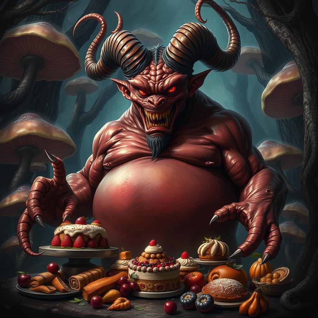 A powerful and majestic demon representing gluttony, depicted with over-exaggerated features that embody excess