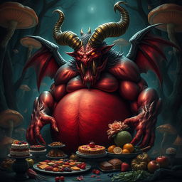 A powerful and majestic demon representing gluttony, depicted with over-exaggerated features that embody excess