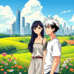 A stunning countryside landscape in the foreground, featuring vibrant green fields and wildflowers, seamlessly blending into a modern urban city skyline in the background, showcasing tall skyscrapers and contemporary architecture