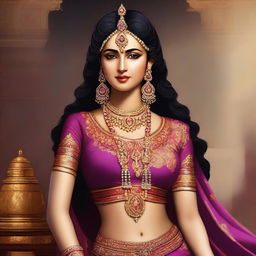 A full-body image, rendered in the style of traditional Indian art, portraying Rukmini from the Mahabharata in a glamorous costume