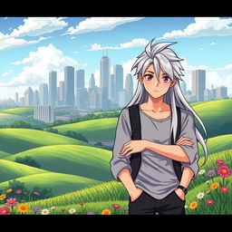 A beautiful countryside landscape in the foreground, depicting rolling green hills and vibrant wildflowers, seamlessly leading to a modern urban city skyline in the background with impressive skyscrapers and contemporary structures