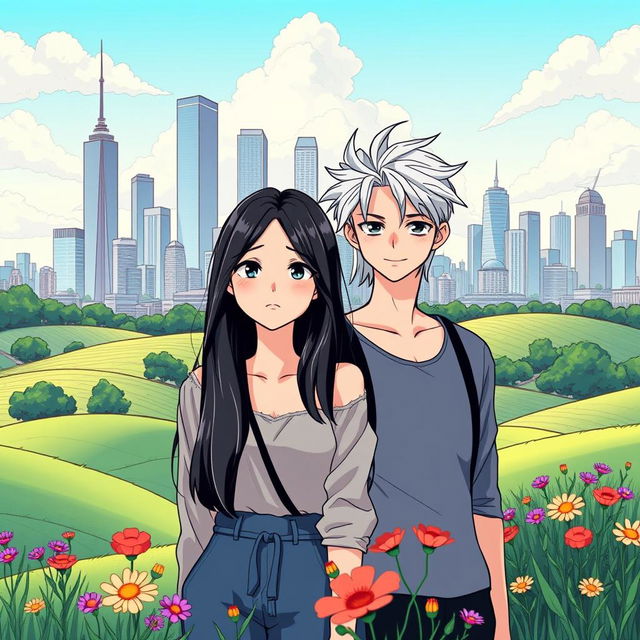 A beautiful countryside landscape in the foreground, depicting rolling green hills and vibrant wildflowers, seamlessly leading to a modern urban city skyline in the background with impressive skyscrapers and contemporary structures