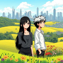 A beautiful countryside landscape in the foreground, depicting rolling green hills and vibrant wildflowers, seamlessly leading to a modern urban city skyline in the background with impressive skyscrapers and contemporary structures