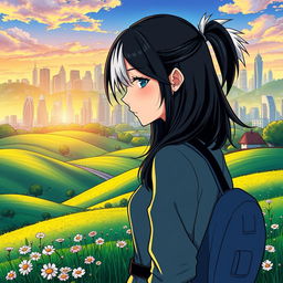An enchanting countryside landscape in the foreground, filled with rolling green hills, blooming wildflowers, and a tranquil rural atmosphere, leading to a vibrant urban skyline in the background, showcasing modern skyscrapers and urban architecture